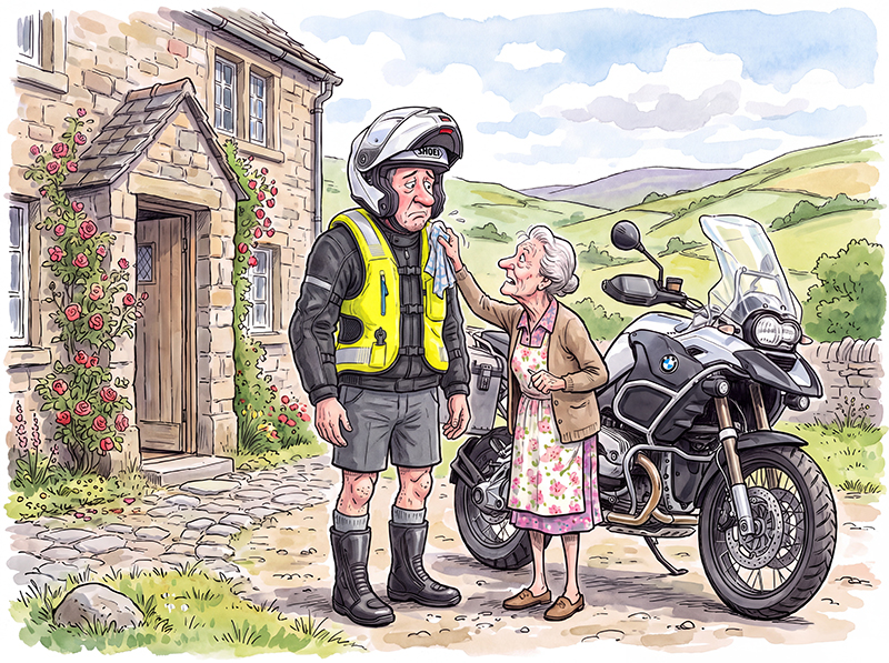 Illustration of man being dressed for motorcycling by his mother